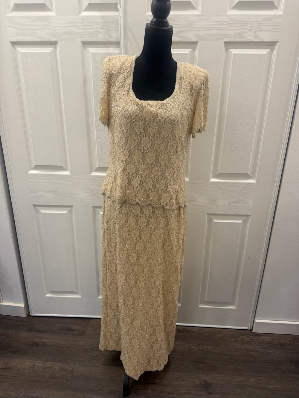 Beige Lace Maxi Dress with Scoop Neck
